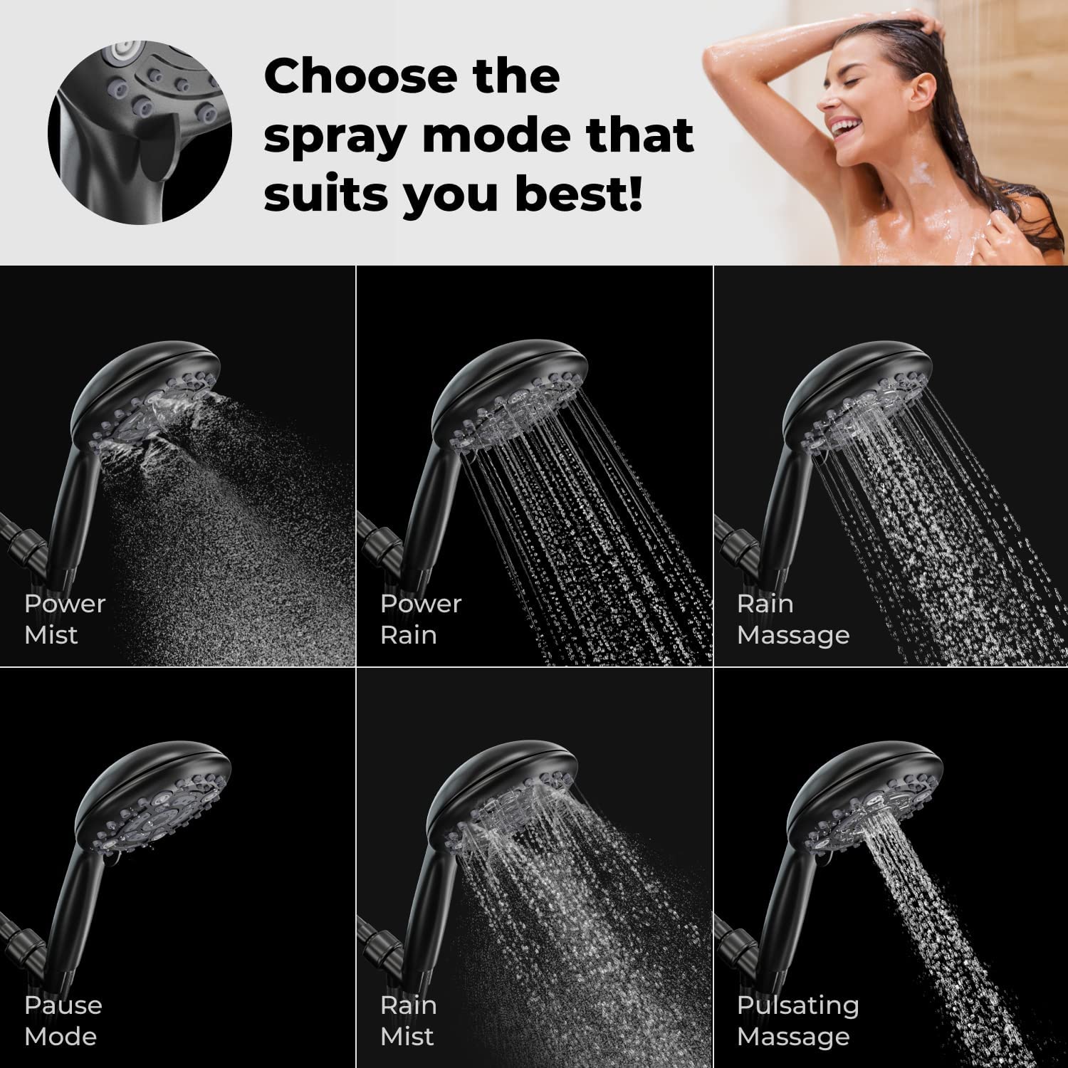 Multi function Hand Shower with Mist, Power Massage & Rain Functions with Hose & Wall Hook, Black