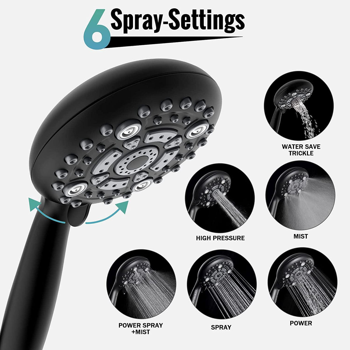 Multi function Hand Shower with Mist, Power Massage & Rain Functions with Hose & Wall Hook, Black