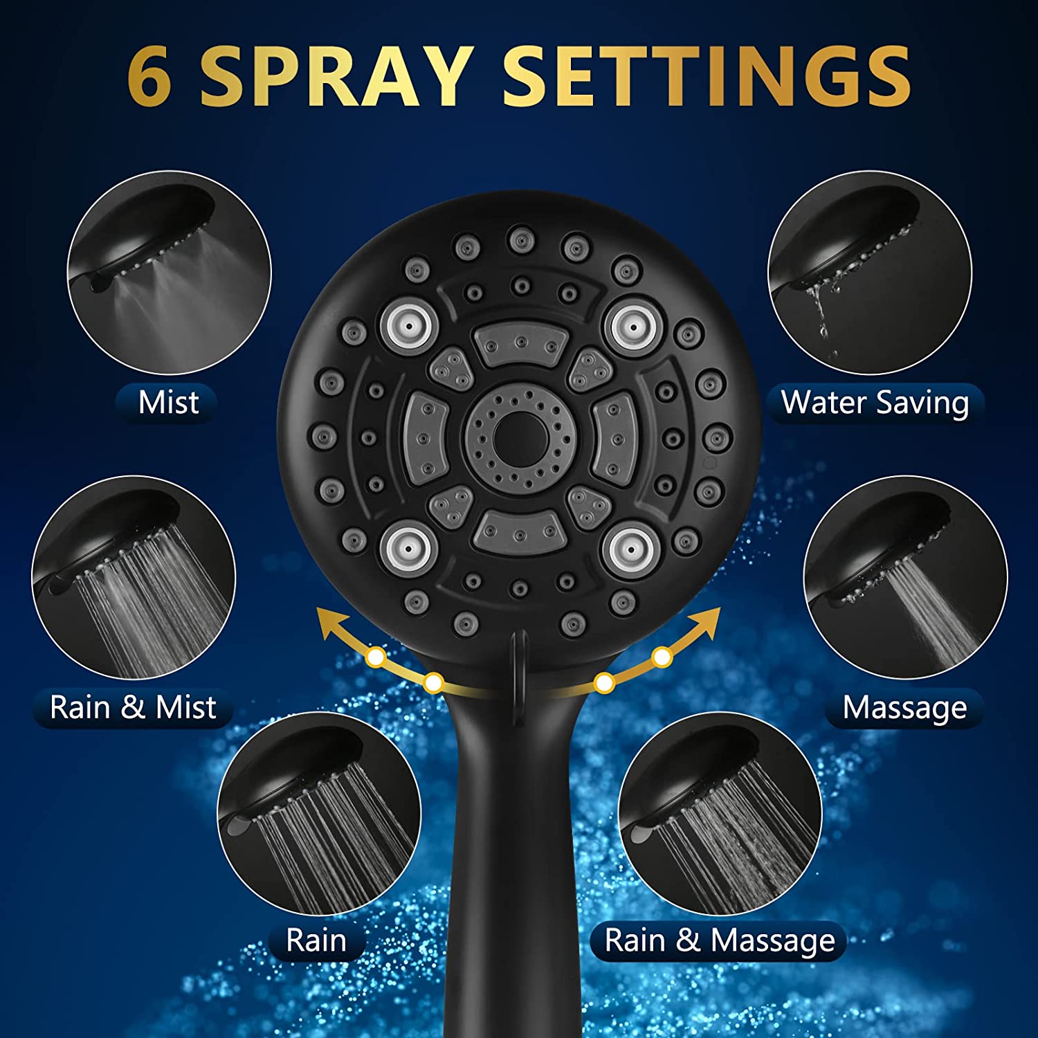 Multi function Hand Shower with Mist, Power Massage & Rain Functions with Hose & Wall Hook, Black