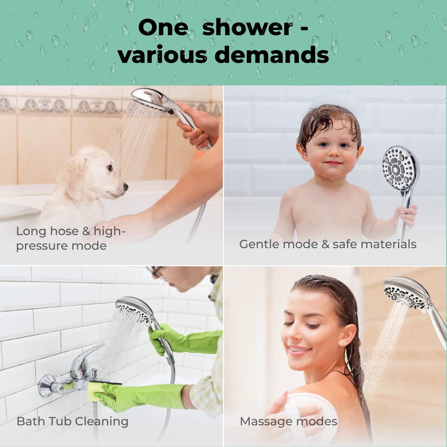 Multi function Hand Shower with Mist, Massage & Rain Functions, Multi Mode Hand Shower, ABS