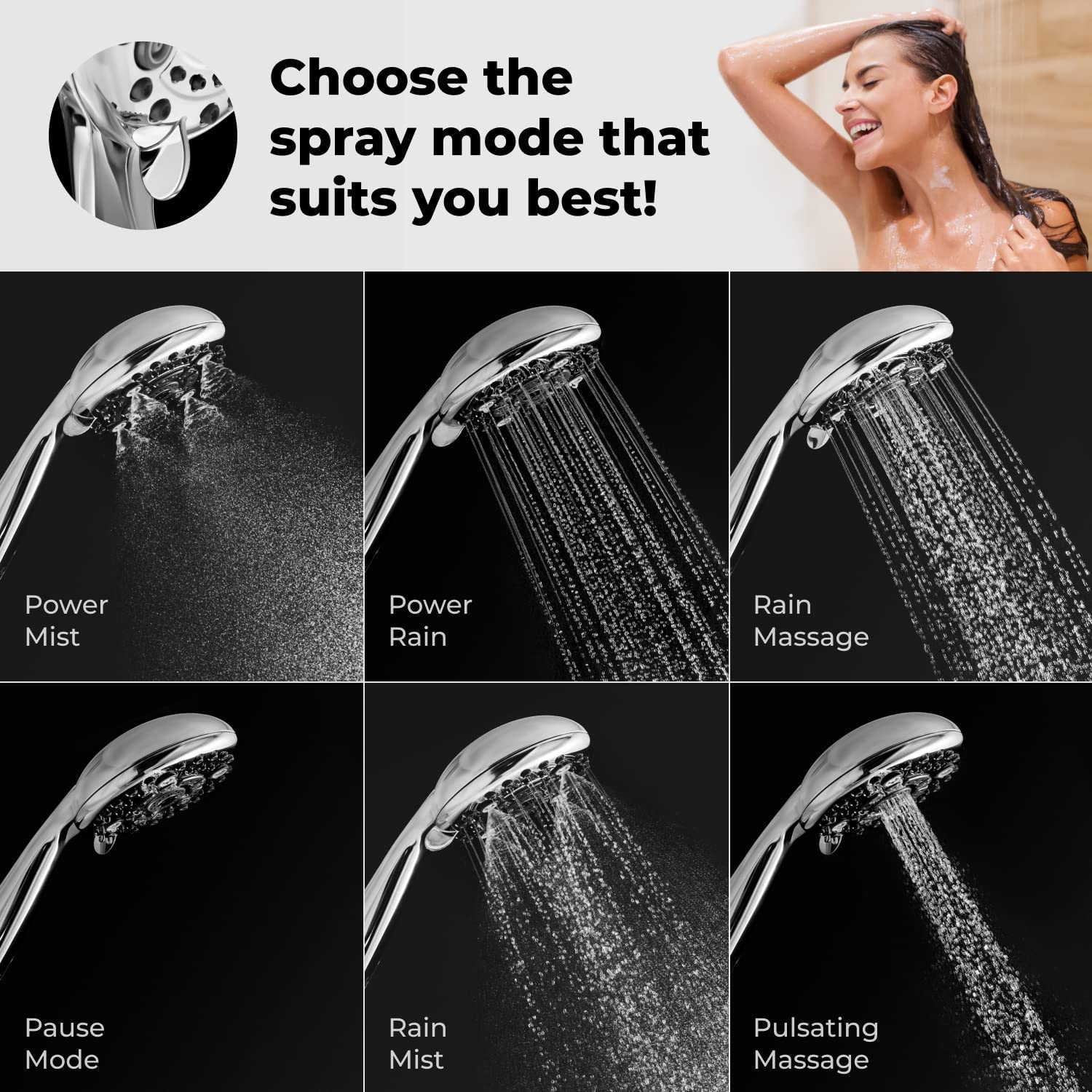 6 Mode Hand Shower with Hose & Overhead Shower Adapter Rain, Mist & Massage Multi Function