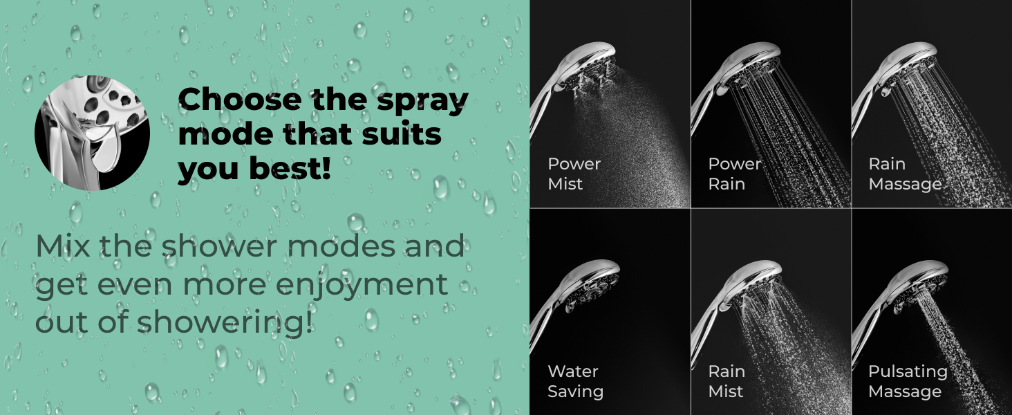 6 Mode Hand Shower with Hose & Overhead Shower Adapter Rain, Mist & Massage Multi Function