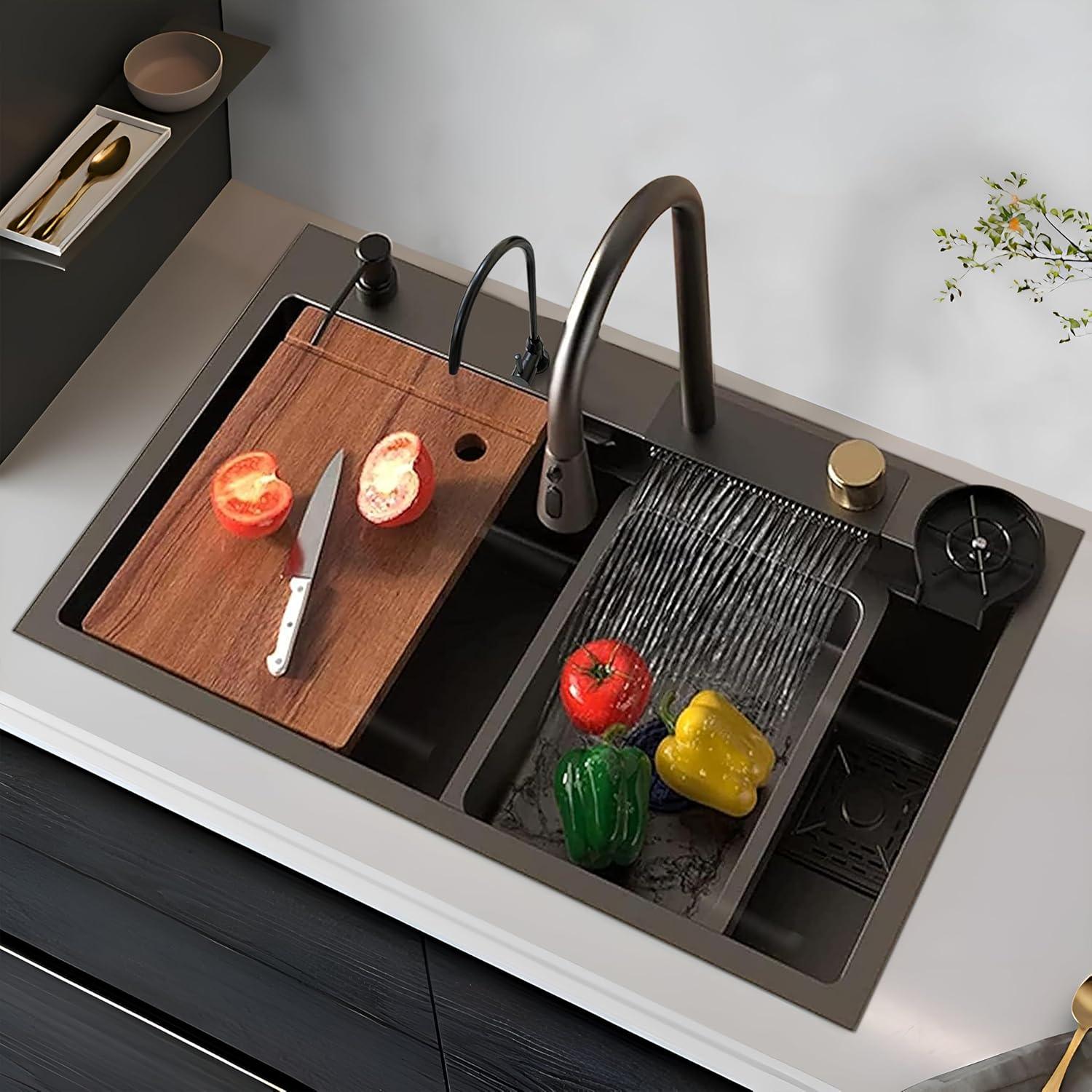Kitchen Sink with ANTI SCRATCH DESIGN Integrated Waterfall and Pull - down Faucet Set Stainless Steel Sink with Cup washer, Drain Baskets & Chopping Board, Black, Mat Finish - Marcoware