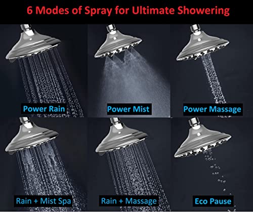 6 Inches Spa grade shower head (WITHOUT ARM), Multi-6 Mode with Mist, Massage, Rain, Chrome, Polished Finish - Marcoware