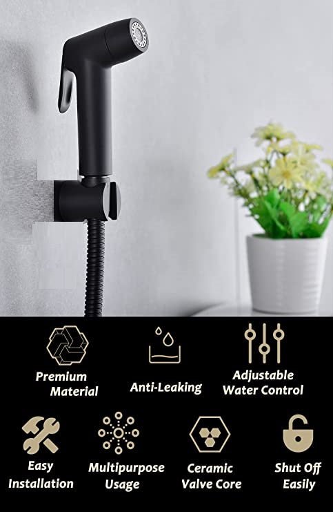 ABS Dual Flow Changing Health Faucet with Jet Stream & Aerated Soft Flow with Ultra Flexible Metal Hose & Wall Hook Black - Marcoware