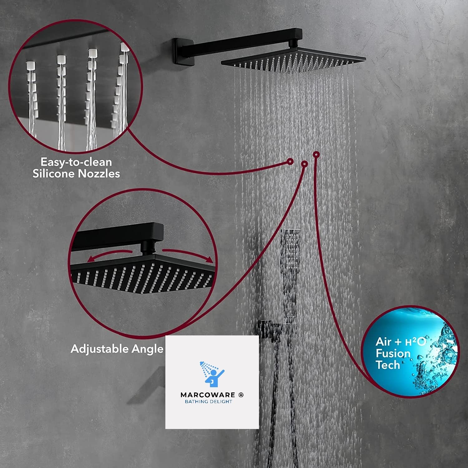 Marcoware SS Breezo Heavy Duty Bathroom Overhead Shower Head 8 Inches, Black Finish - Marcoware