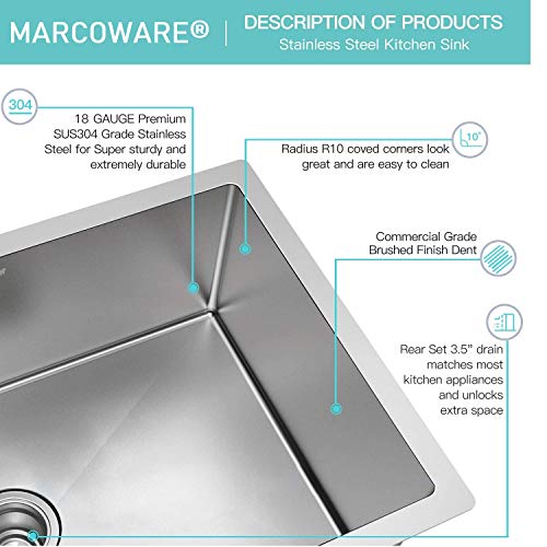 Single Bowl Stainless Steel Handmade Kitchen Sink Square Bowl - Marcoware